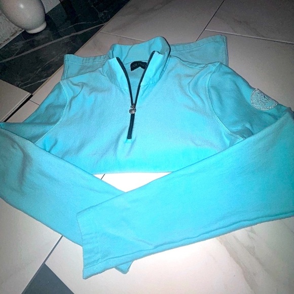 Women’s Golfino Wool Pullover Top Tech 1/4 Zip Size Medium Silver Logo Aqua Blue - Picture 16 of 16